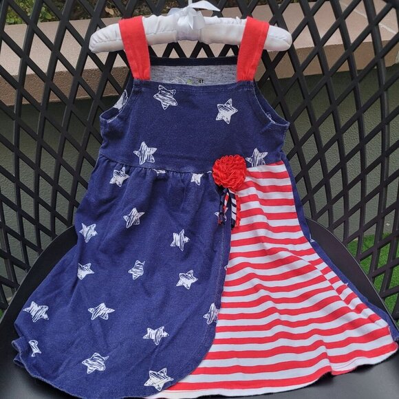 Girls’ Patriotic Dress 4T w/ Stars, Stripes & Red Flower | Americana Kidswear - Picture 2 of 9